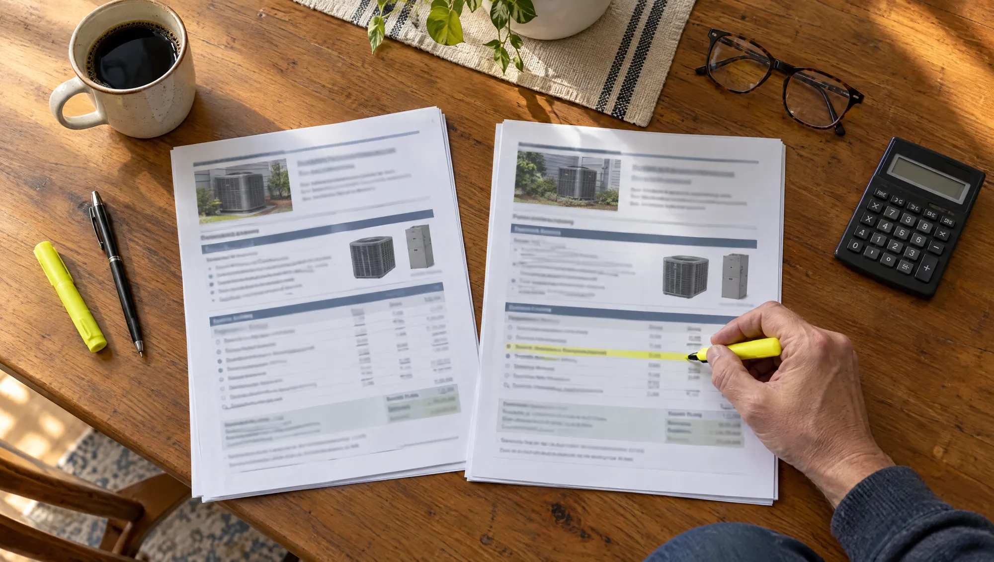Two printed HVAC replacement proposals side by side on a kitchen table, one line being highlighted