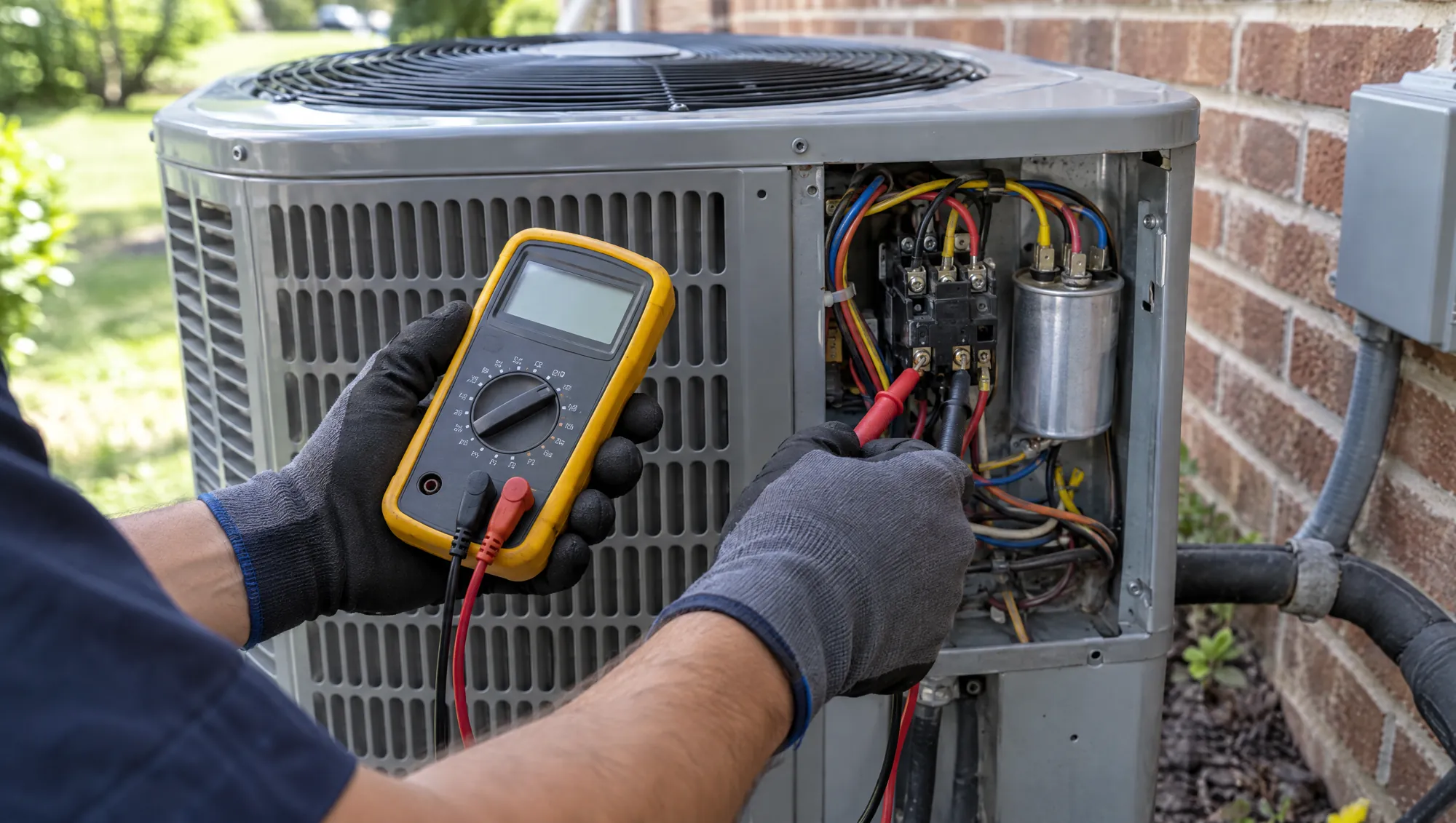 Gloved hands holding a multimeter while testing the contactor and capacitor inside an outdoor AC unit beside a brick house