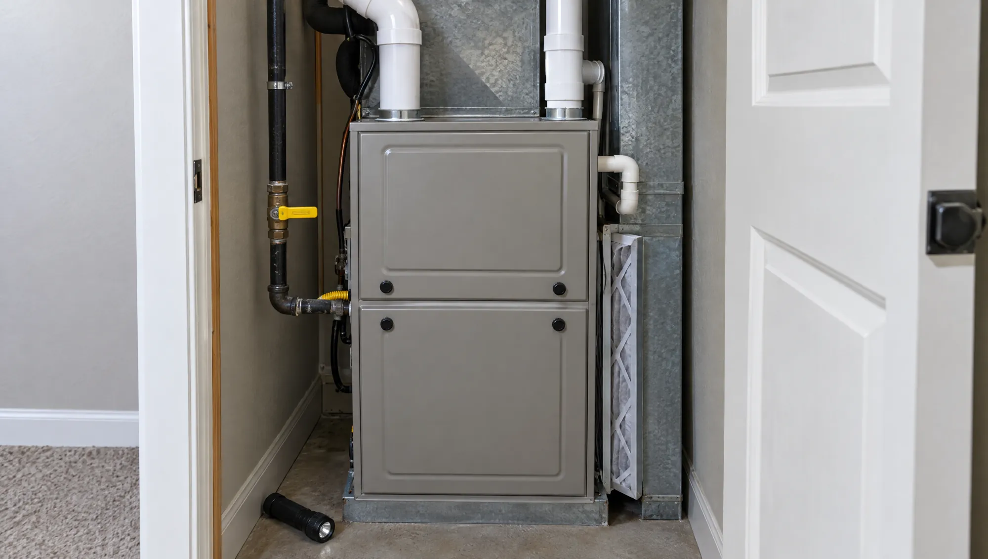 A gas furnace in a hallway utility closet with its gas shutoff valve, PVC vent pipes and filter slot