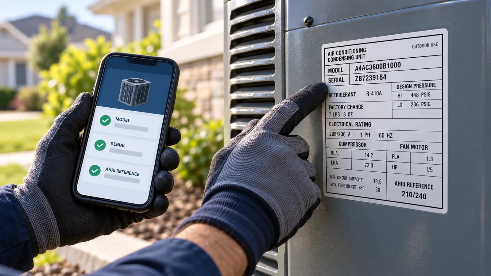 Illustration of a technician comparing an outdoor-unit data plate with a phone checklist for model, serial, and AHRI reference numbers
